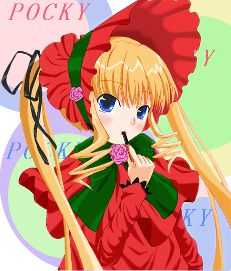 shinku, rozen maiden, 00s, bonnet, eating, food, hair ribbon, pocky, ribbon, solo