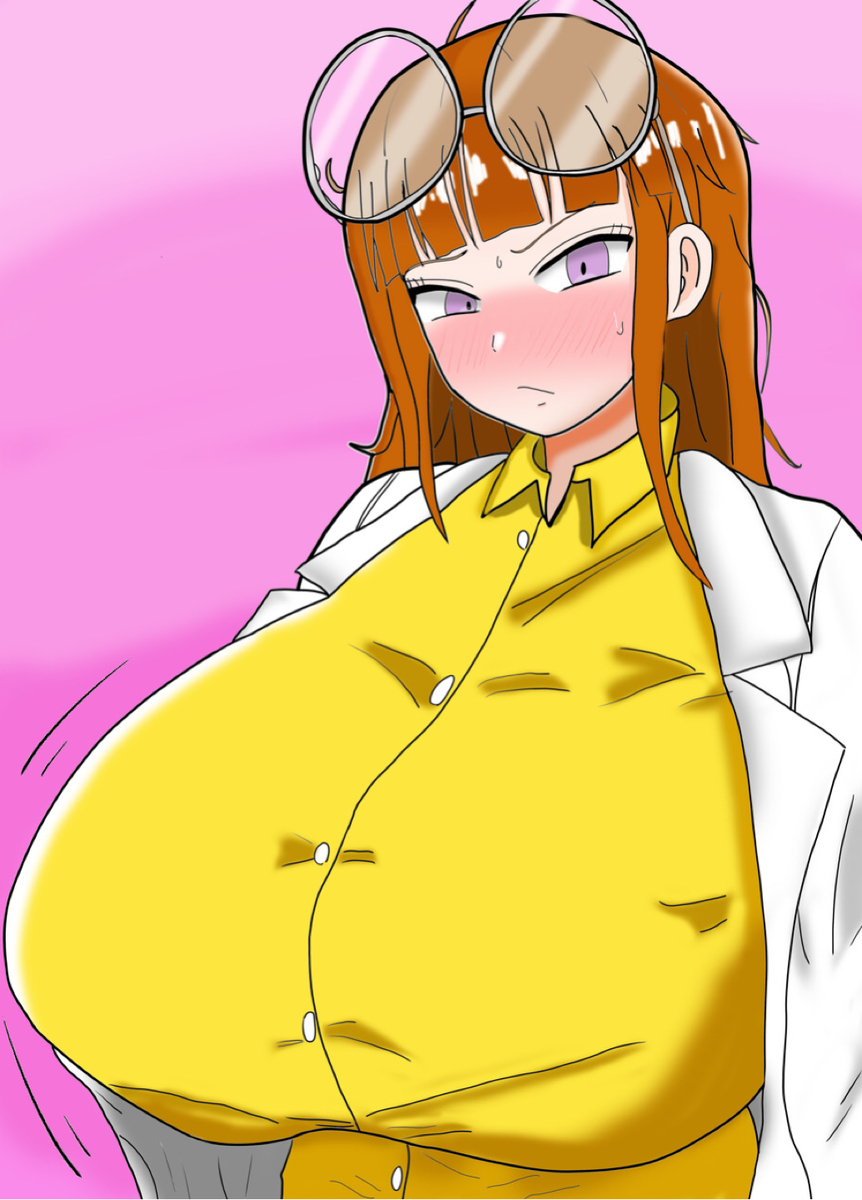 may russelheart, highres, 1girl, alternate breast size (larger), blue pants, blunt bangs, brown hair, buttons, closed mouth, coat, denim, frown, glasses on head, gloves, kusarigama6, lab coat, pants, pink background, red eyes, shirt, standing, unmei no makimodoshi, white coat, white gloves, yellow shirt