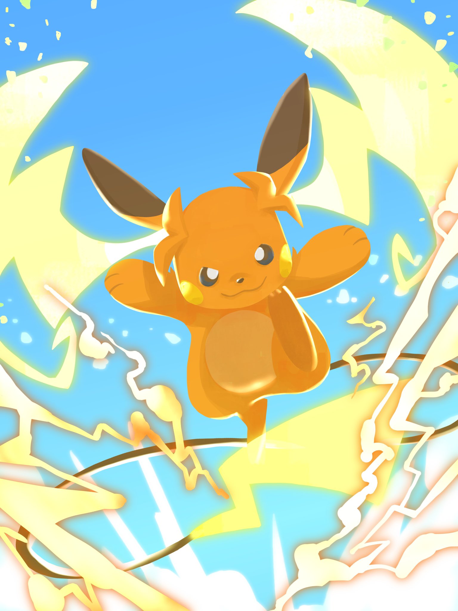 monomo monomos, mega raichu y, raichu, nintendo, pokemon, pokemon legends: z-a, highres, brown eyes, closed mouth, electricity, gen 1 pokemon, looking at viewer, mega pokemon, no humans, orange fur, pokemon (creature), pokemon focus, smile, solo, tail, very long ears, very long tail, yellow fur