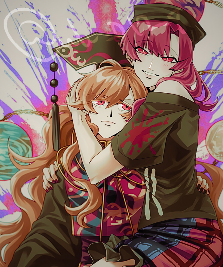 raya (uk 0128), hecatia lapislazuli, junko (touhou), touhou, 2girls, black dress, black shirt, blonde hair, chain, dalachi (headdress), dress, earth (ornament), gold chain, hug, long hair, looking at viewer, moon (ornament), multicolored skirt, multiple girls, off-shoulder shirt, off shoulder, red eyes, red hair, red tabard, shirt, skirt, smile, tabard, underworld (ornament)