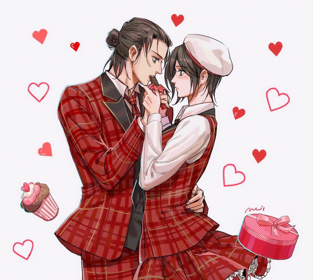 mnine5, eren yeager, mikasa ackerman, shingeki no kyojin, 1boy, 1girl, alternate costume, arm around waist, beret, black hair, black vest, blush, box, box of chocolates, breasts, brown hair, candy, chocolate, chocolate bar, collared shirt, couple, cowboy shot, cupcake, eating, food, formal clothes, hair bun, hat, hetero, jacket, looking at another, medium breasts, necktie, pants, plaid clothes, plaid jacket, plaid necktie, plaid pants, plaid skirt, plaid suit, plaid vest, red jacket, red necktie, red pants, red skirt, red suit, red vest, shirt, short hair, skirt, suit, vest, waistcoat, white background, white hat, white shirt