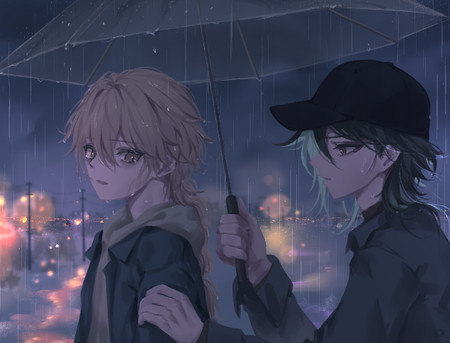 aether (genshin impact), xiao (genshin impact), genshin impact, 2boys, baseball cap, blonde hair, blue hair, braid, hat, holding, holding umbrella, hood, hoodie, jacket, lamppost, male focus, multicolored hair, multiple boys, rain, two-tone hair, umbrella, yaoi, ych96530