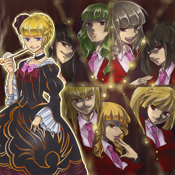ryukishi07, shuu (acasf), asmodeus (umineko), beatrice (umineko), beelzebub (umineko), belphegor (umineko), leviathan (umineko), lucifer (umineko), mammon (umineko), satan (umineko), stakes of purgatory, no naku koro ni (series), umineko no naku koro ni, bad id, bad pixiv id, 00s, 6+girls, bow, holding, holding smoking pipe, kiseru, multiple girls, necktie, pink bow, pink necktie, smoking pipe
