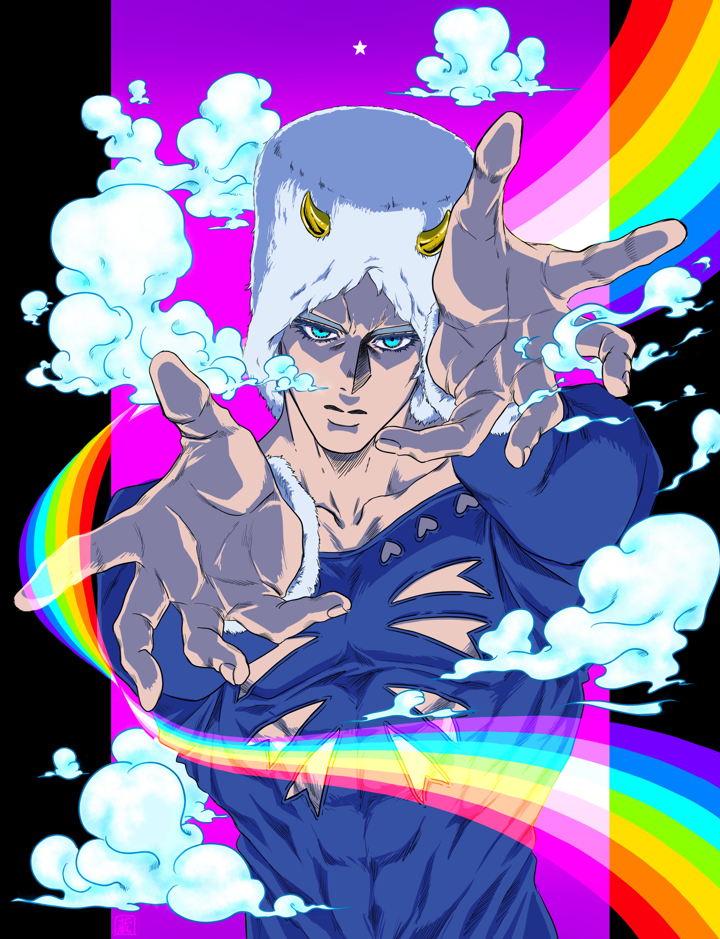 fdc pp, weather report, weather report (stand), jojo no kimyou na bouken, stone ocean, absurdres, highres, 1boy, artist name, blue eyes, blue shirt, closed eyes, clothing cutout, cloud, collarbone, covered abs, eyelashes, fingernails, fur hat, hat, horns, long sleeves, muscular, muscular male, pillarboxed, purple sky, rainbow, reaching, reaching towards viewer, shirt, signature, sky, solo, star (symbol)