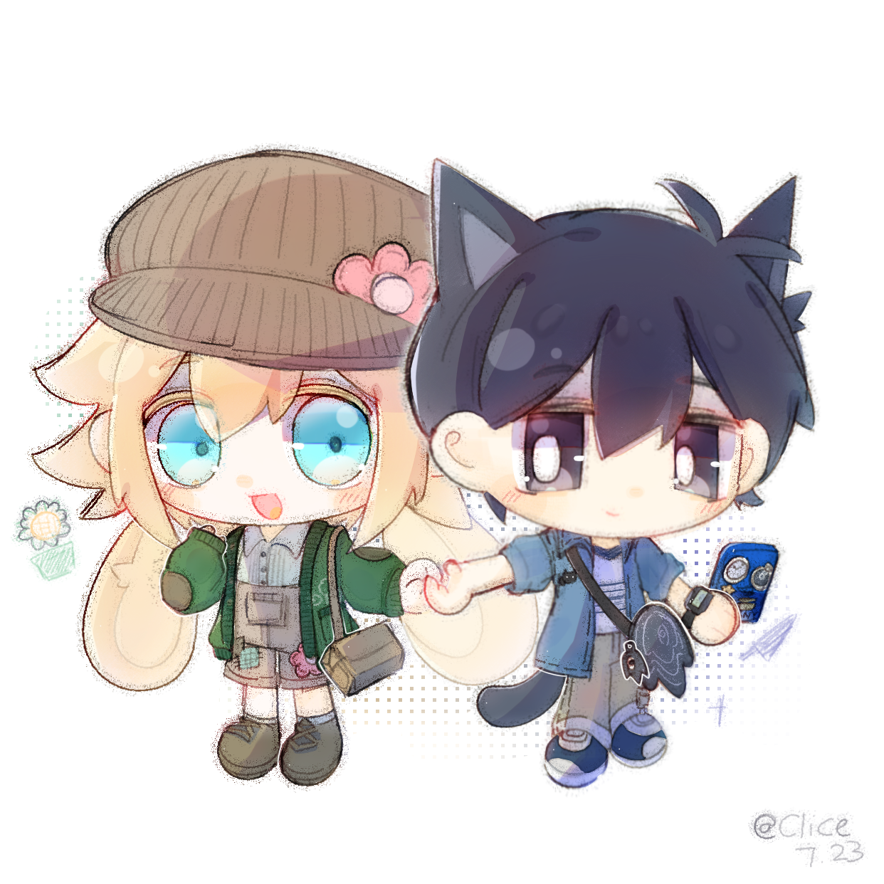 basil (birthday) (omori), basil (faraway) (omori), basil (omori), hector (omori), mewo, something (omori), sunny (birthday) (omori), sunny (omori), omori, chinese commentary, commentary request, highres, 2boys, :d, animal ears, ankle boots, antenna hair, back-to-back, bag, black bag, black eyes, black hair, black shirt, black tail, blonde hair, blue eyes, blue jacket, blue shoes, boots, bright pupils, brown bag, brown boots, brown hat, brown overalls, buttons, cardigan, cat boy, cat ears, cat tail, character bag, character charm, charm (object), chibi, chibi only, closed mouth, collared jacket, collared shirt, colored eyelashes, dated, denim, denim jacket, double-parted bangs, extra ears, eyes visible through hair, flower, full body, green cardigan, grey pants, grey shirt, hair behind ear, hair between eyes, halftone, halftone background, hat, holding, holding hands, holding phone, jacket, kemonomimi mode, knife, lace-up boots, legs together, lop rabbit ears, male focus, multiple boys, newsboy cap, open cardigan, open clothes, open jacket, open mouth, overall shorts, overalls, pants, phone, puffy short sleeves, puffy sleeves, rabbit boy, rabbit ears, shirt, shoes, short-sleeved jacket, short hair, short sleeves, shoulder bag, sidelocks, simple background, smile, standing, striped clothes, striped shirt, tail, two-tone shirt, watch, white background, white flower, white pupils, white shirt, wristwatch, xinjinjumin2090384