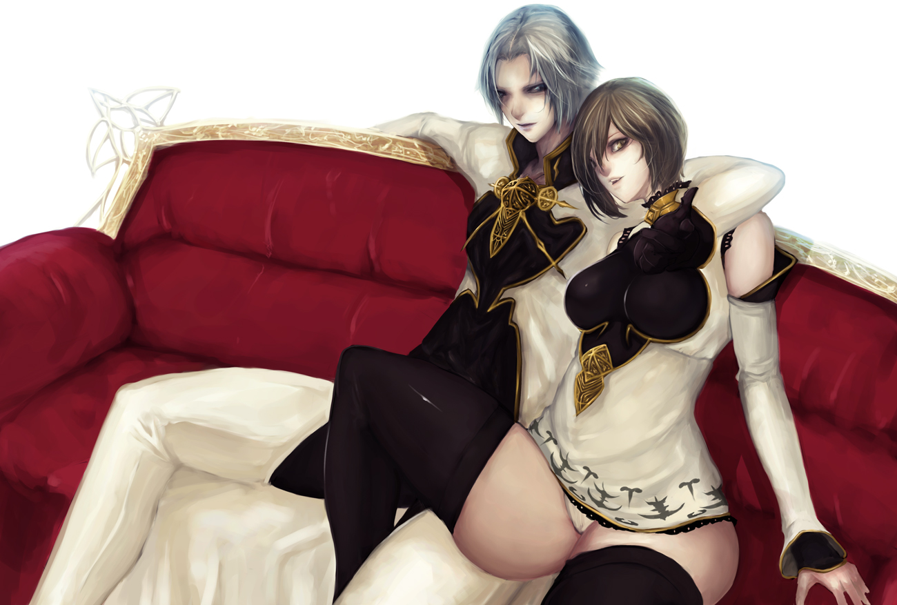 asanuma, fantasy earth zero, silver hair, bad id, bad pixiv id, 1boy, 1girl, breasts, brown eyes, brown hair, elbow gloves, gloves, hip focus, panties, short hair, sitting, thighhighs, underwear, white background, wide hips
