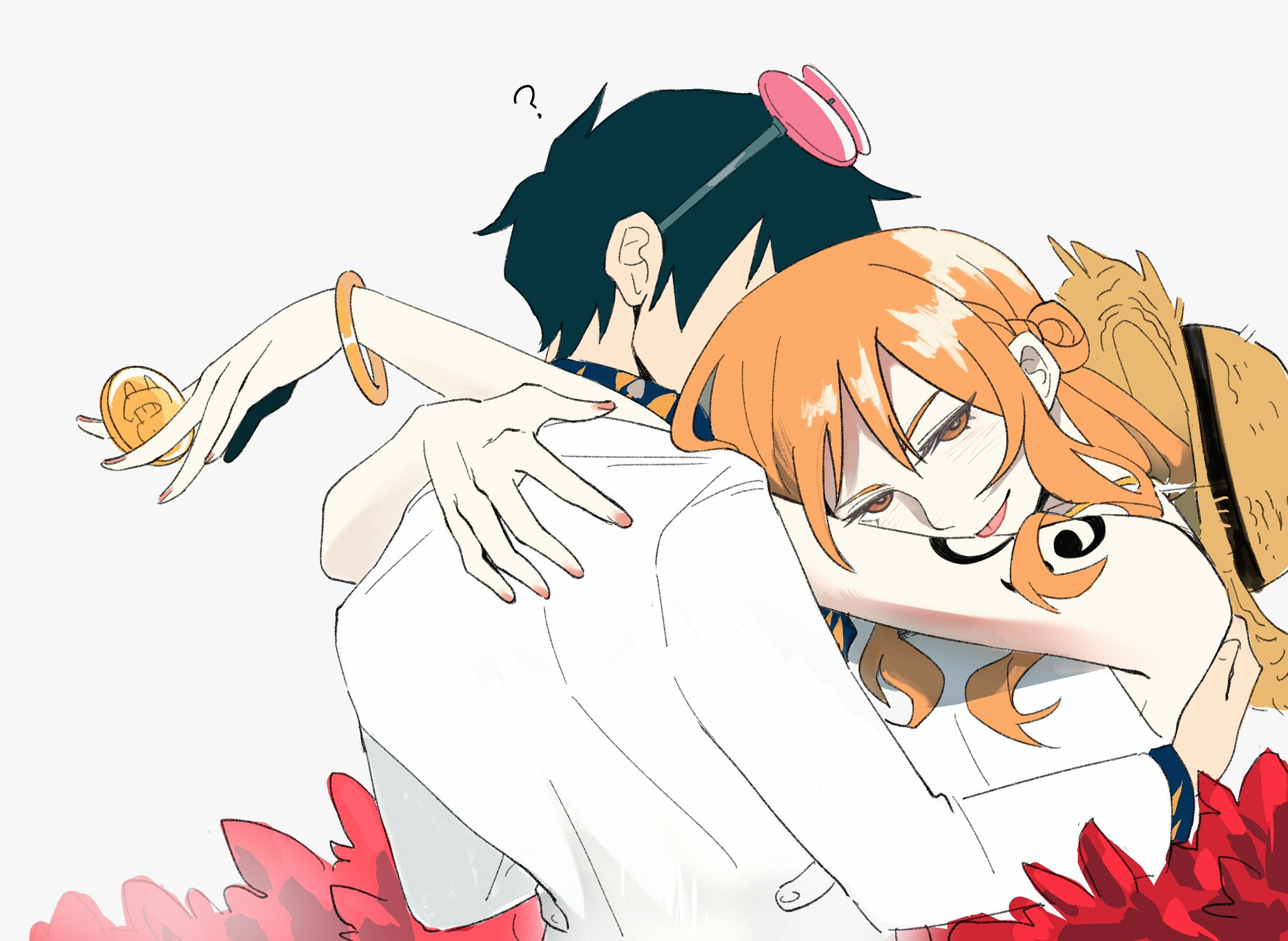 tonimoon, monkey d. luffy, nami (one piece), one piece, one piece film: gold, commentary, english commentary, highres, 1boy, 1girl, ?, arms around neck, bangle, bare shoulders, black hair, bracelet, braid, brown eyes, coin, dress, eyewear on head, hat, holding, holding coin, hug, jacket, jewelry, leaning on person, long hair, looking at viewer, official alternate costume, official alternate hairstyle, orange hair, pink-tinted eyewear, shoulder tattoo, straw hat, suit jacket, sunglasses, tattoo, tinted eyewear, tongue, tongue out, unworn hat, unworn headwear, upper body, white dress, white jacket