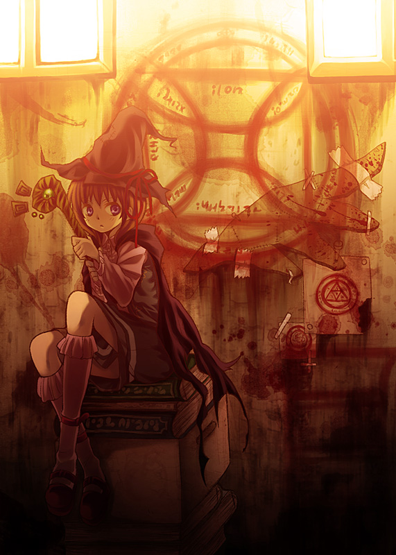nyamorin, ushiromiya maria, umineko no naku koro ni, bad id, bad pixiv id, 00s, 1girl, book, boots, brown hair, cape, female focus, hat, indoors, magic circle, purple eyes, sitting, skirt, solo, staff, tape, window, witch, witch hat