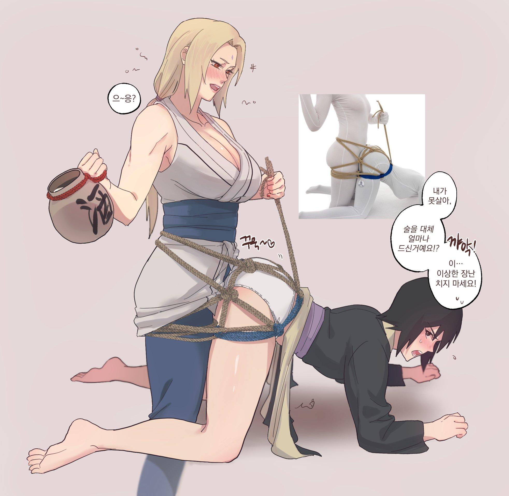 may c, shizune (naruto), tsunade (naruto), naruto (series), commentary request, highres, korean commentary, translation request, 2girls, all fours, bdsm, black eyes, black hair, blonde hair, bondage, bound, bound together, breasts, brown eyes, cleavage, doggystyle, drunk, dry humping, facial mark, femdom, forehead mark, holding, holding jar, humping, japanese clothes, jar, korean text, large breasts, multiple girls, no pants, open mouth, panties, reference inset, rope, sex from behind, signature, squeans, underwear, white panties, yuri