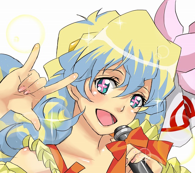 shion souta, nia teppelin, tengen toppa gurren lagann, m/, blonde hair, blue hair, cross-shaped pupils, long hair, microphone, multicolored hair, parody, seikan hikou, solo, symbol-shaped pupils