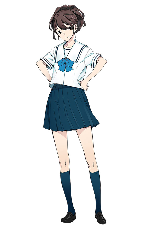fukuda tomonori, senomiya akiho, robotics;notes, science adventure, game cg, official art, 1girl, black shoes, blue bow, blue skirt, blue socks, bow, braid, brown eyes, brown hair, chest bow, chuo tanegashima high school uniform, cropped shirt, hair between eyes, half up braid, high-waist skirt, high ponytail, kneehighs, loafers, pleated skirt, ponytail, ponytail with braided base, sailor collar, school uniform, shirt, shoes, short sleeves, skirt, smile, socks, solo, white sailor collar, white shirt