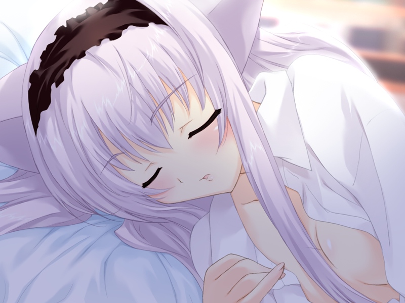 mutsumi masato, fujimiya rin, yokubari saboten, game cg, 1girl, animal ears, blush, breasts, closed eyes, female focus, hairband, headband, open clothes, open mouth, open shirt, purple hair, shirt, sleeping, solo