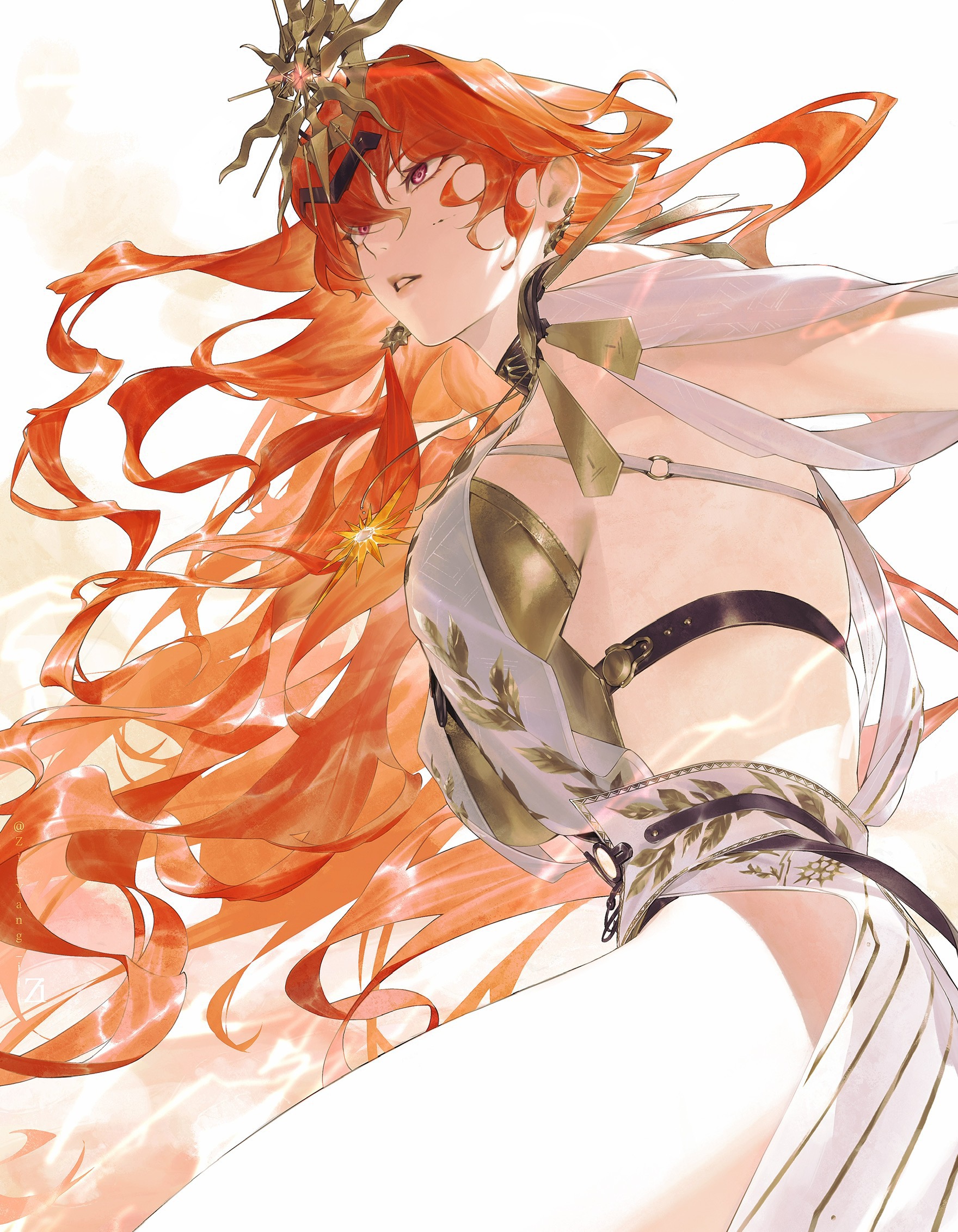 cheng (zi74438982), augusta (wuthering waves), wuthering waves, chinese commentary, commentary request, highres, 1girl, ancient greek clothes, armor, breastplate, breasts, earrings, from below, greco-roman clothes, headgear, jewelry, large breasts, laurel crown, long hair, orange hair, parted lips, red eyes, sideboob, simple background, solo, sun earrings, sun necklace, symbol-shaped pupils, white background