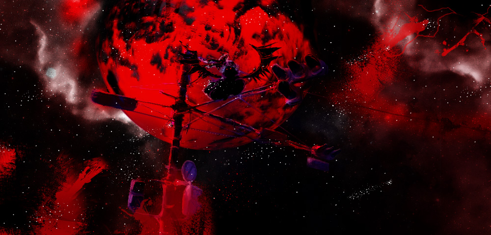 destroyb, remilia scarlet, touhou, bad id, bad pixiv id, 1girl, bat wings, female focus, glowing, glowing eyes, moon, red eyes, red moon, red theme, silhouette, sky, solo, star (sky), star (symbol), starry sky, traffic light, utility pole, wings
