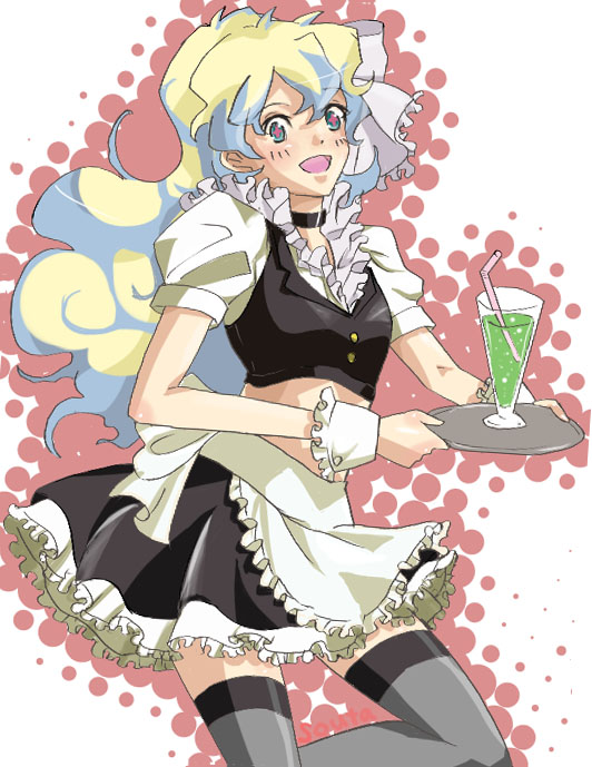 shion souta, nia teppelin, tengen toppa gurren lagann, 00s, alternate costume, enmaided, long hair, maid, midriff, solo, thighhighs