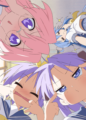 hiiragi kagami, hiiragi tsukasa, izumi konata, takara miyuki, lucky star, lowres, 00s, 4girls, blush, circle formation, closed eyes, glasses, making faces, multiple girls, school uniform, serafuku