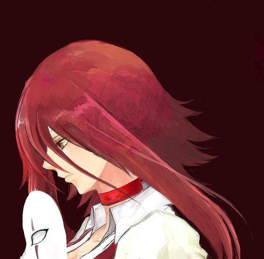 bikke, hikke (kaji0927), izayoi aki, yu-gi-oh!, yu-gi-oh! 5d's, bad id, bad pixiv id, 00s, 1girl, female focus, flower, fox mask, mask, red hair, rose, short hair, short hair with long locks, solo, unworn mask, yellow eyes