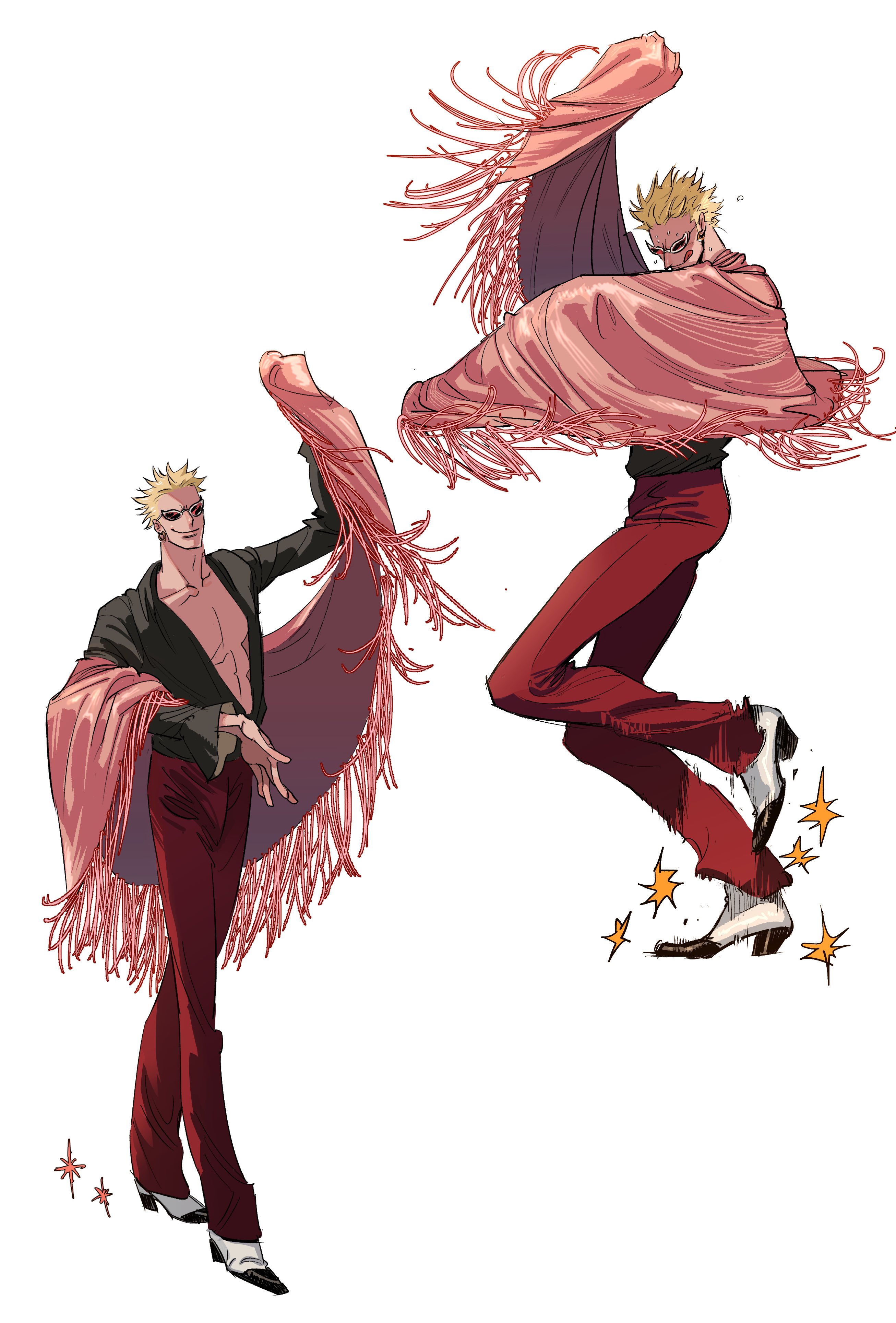 matanai ke, donquixote doflamingo, one piece, absurdres, highres, 1boy, black shirt, blonde hair, dancing, earrings, full body, jewelry, male focus, pants, pink shawl, red pants, shawl, shirt, short hair, simple background, sunglasses, sweat, tongue, tongue out, variations, white background