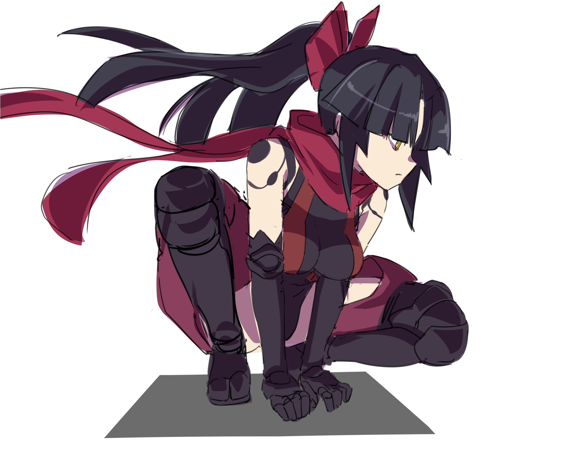 leon (mikiri hassha), katou danzou (fate), fate/grand order, fate (series), highres, 1girl, black boots, black gloves, black hair, black leotard, blunt bangs, body markings, boots, breasts, cleavage, closed mouth, elbow gloves, floating scarf, frown, full body, gloves, hands on ground, impossible clothes, impossible leotard, knee boots, leotard, long hair, medium breasts, multicolored leotard, nose, pants, ponytail, purple pants, red leotard, red ribbon, red scarf, ribbon, scarf, sidelocks, simple background, sketch, solo, squatting, two-tone leotard, white background, yellow eyes