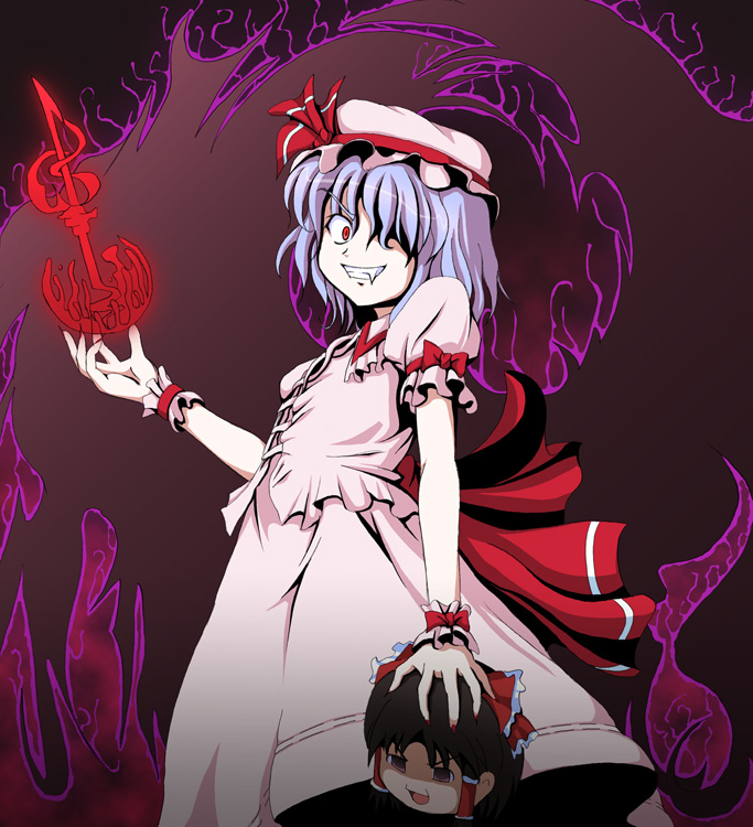 tri, hakurei reimu, remilia scarlet, touhou, 2girls, blue hair, fang, female focus, gradient background, hat, multiple girls, red eyes, skirt, solo, yukkuri shiteitte ne