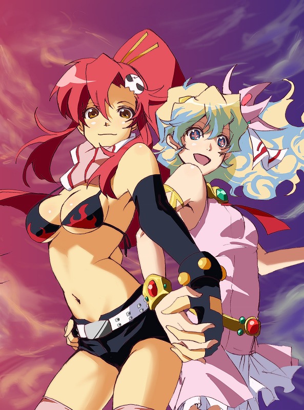 shion souta, nia teppelin, yoko littner, tengen toppa gurren lagann, 00s, belt, bikini, bikini top only, dress, elbow gloves, fingerless gloves, gloves, hair ornament, hairpin, jewelry, long hair, ponytail, red hair, scarf, short shorts, shorts, skull, skull hair ornament, sky, swimsuit, thighhighs