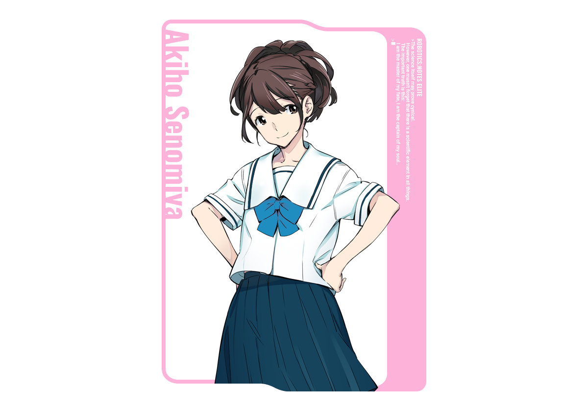 fukuda tomonori, senomiya akiho, robotics;notes, science adventure, game cg, official art, 1girl, blue bow, blue skirt, bow, braid, brown eyes, brown hair, chest bow, chuo tanegashima high school uniform, cropped shirt, hair between eyes, half up braid, high-waist skirt, high ponytail, pleated skirt, ponytail, ponytail with braided base, sailor collar, school uniform, shirt, short sleeves, skirt, smile, solo, white sailor collar, white shirt