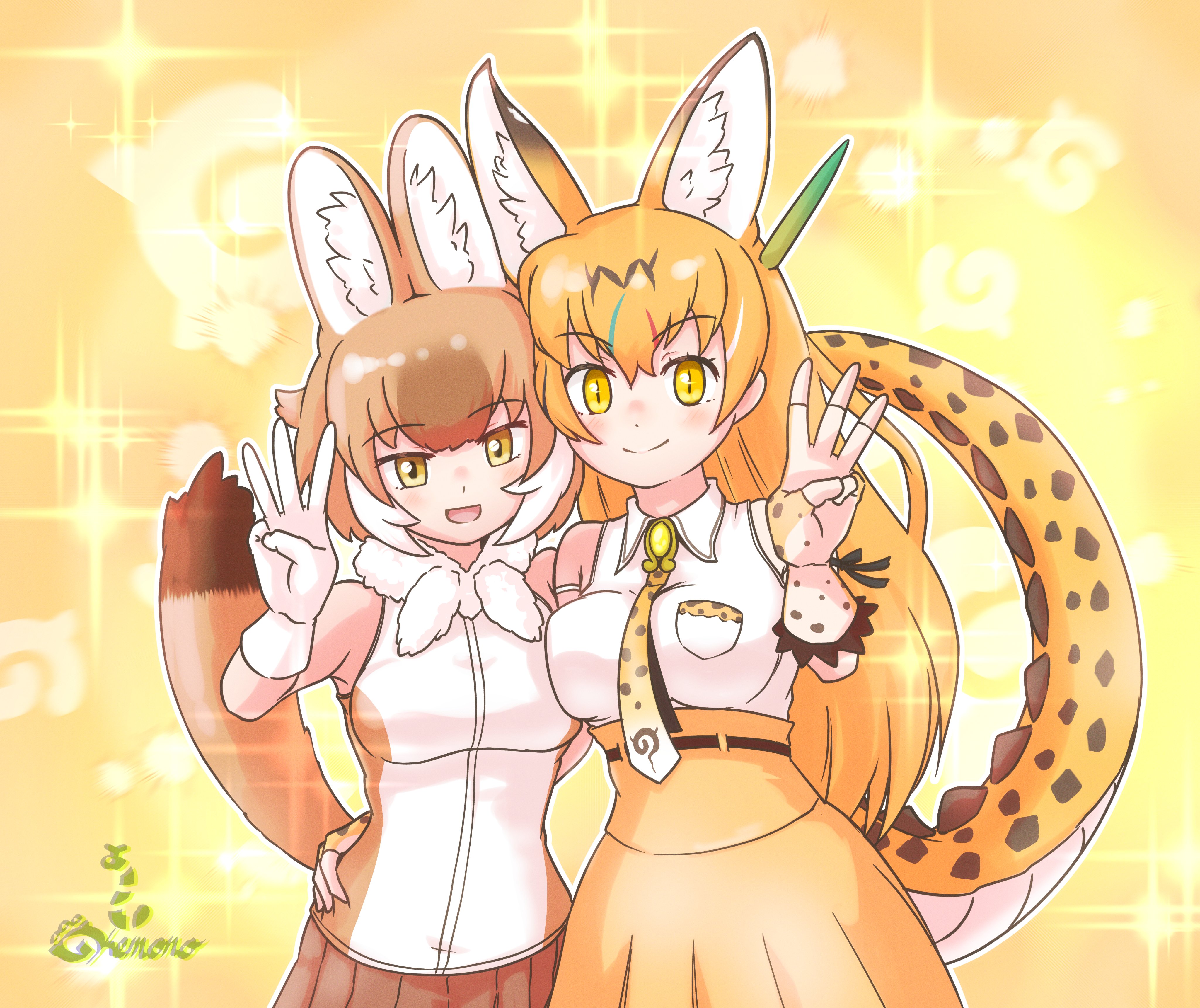 nokemono-san (bocchi friend), dhole (kemono friends), kemono friends, kemono friends 3, absurdres, highres, 2girls, animal ears, animal print, bare shoulders, blonde hair, brown hair, brown shirt, brown skirt, cat ears, cat girl, cat print, collared shirt, cowboy shot, dragon girl, dragon serval (kemono friends), dragon tail, fingerless gloves, frilled gloves, frills, gloves, hair between eyes, hand around waist, high-waist skirt, japari symbol, long hair, looking at viewer, multicolored hair, multiple girls, necktie, open mouth, print gloves, print necktie, shirt, short hair, sidelocks, skirt, sleeveless, slit pupils, smile, tail, three-finger salute, two-tone shirt, white gloves, white hair, white shirt, yellow eyes, yellow necktie, yellow skirt