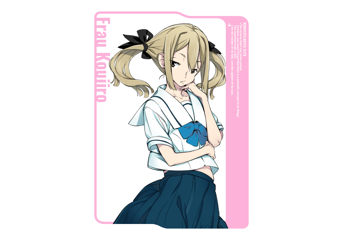 fukuda tomonori, koujiro frau, robotics;notes, science adventure, game cg, official art, 1girl, black bow, blonde hair, blue bow, blue skirt, bow, brown eyes, chest bow, chuo tanegashima high school uniform, cropped shirt, expressionless, hair between eyes, hair bow, high-waist skirt, midriff peek, multiple hair bows, pleated skirt, sailor collar, school uniform, shirt, short sleeves, sidelocks, skirt, solo, twintails, white sailor collar, white shirt
