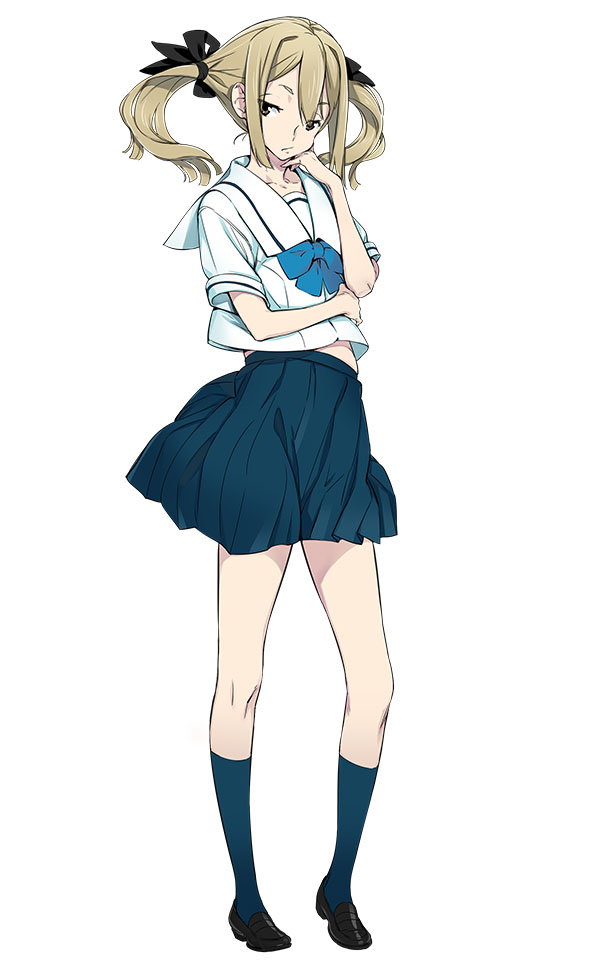 fukuda tomonori, koujiro frau, robotics;notes, science adventure, game cg, official art, 1girl, black bow, blonde hair, blue bow, blue skirt, bow, brown eyes, chest bow, chuo tanegashima high school uniform, cropped shirt, expressionless, hair between eyes, hair bow, high-waist skirt, midriff peek, multiple hair bows, pleated skirt, sailor collar, school uniform, shirt, short sleeves, sidelocks, skirt, solo, twintails, white sailor collar, white shirt
