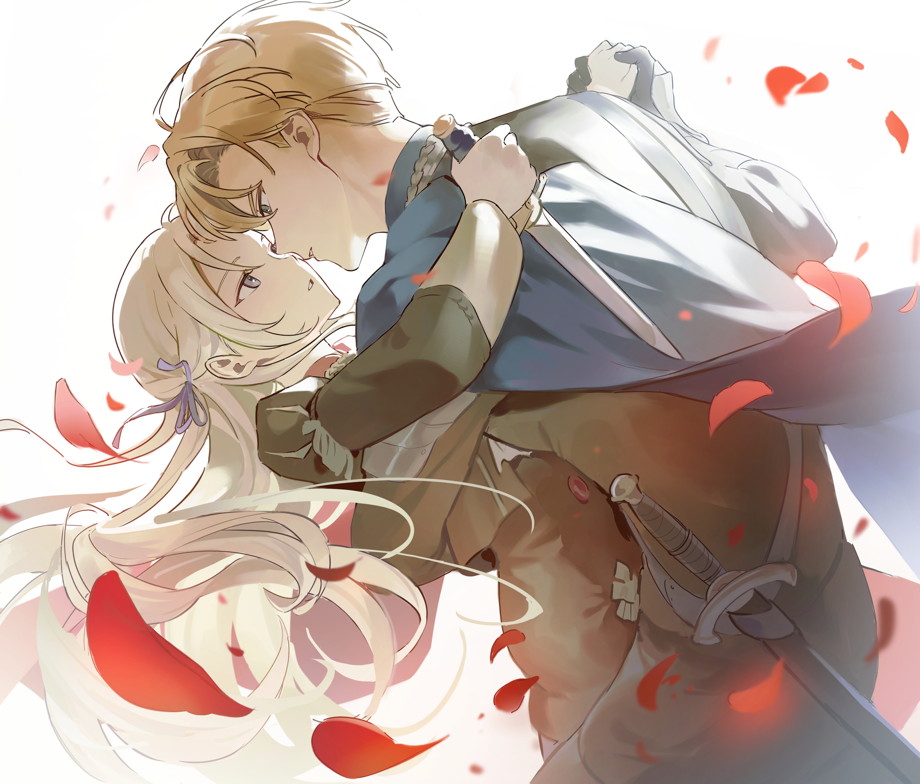 ikaikakka, dimitri alexandre blaiddyd, edelgard von hresvelg, fire emblem, fire emblem: three houses, nintendo, absurdres, highres, korean commentary, 1boy, 1girl, blonde hair, blue eyes, couple, dagger, falling petals, flower, from side, garreg mach monastery uniform, gloves, hair between eyes, hair ribbon, hetero, holding, holding dagger, holding knife, holding weapon, juliet sleeves, knife, leaning back, leaning forward, long hair, long sleeves, looking at another, noses touching, parted bangs, parted lips, petals, puffy sleeves, purple eyes, purple ribbon, red flower, red rose, ribbon, rose, rose petals, short hair, weapon, white background, white gloves