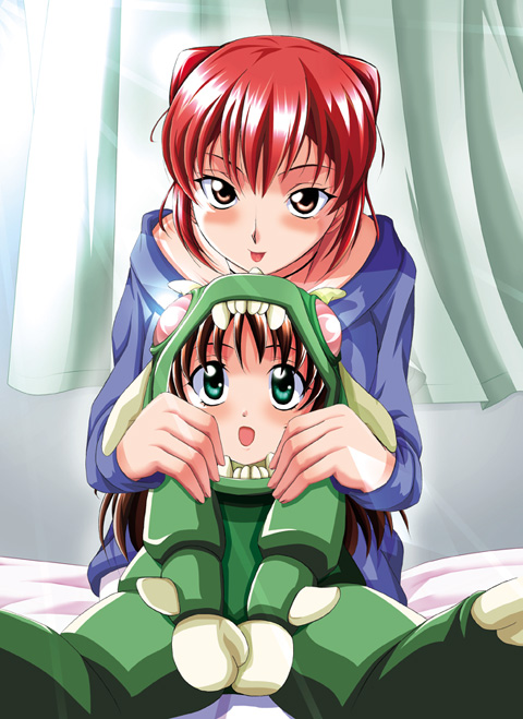 ganakura homu, 2girls, blush, child, costume, curtains, light rays, multiple girls, sunbeam, sunlight