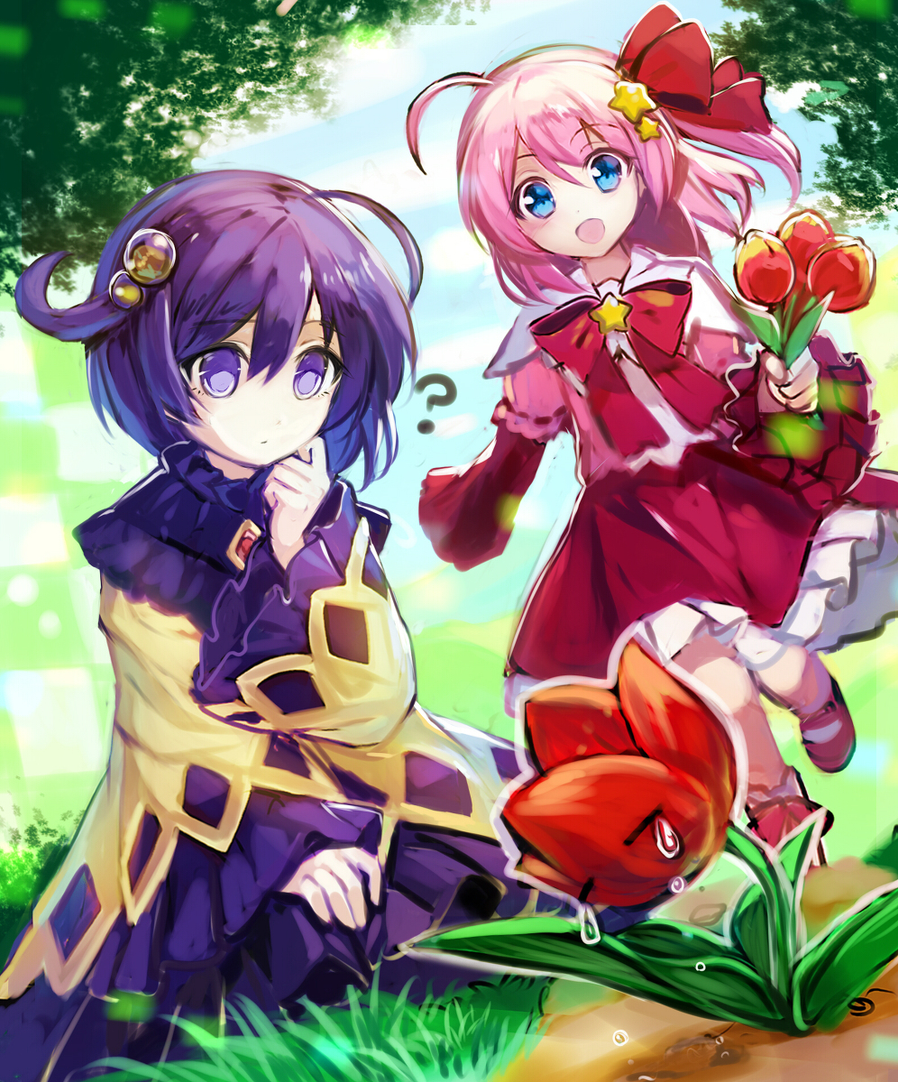fuepo, coo (kirby), kirby, kirby (series), nintendo, character request, check character, highres, 2girls, ?, animification, bow, brooch, dress, flower, grass, humanization, jewelry, long hair, long sleeves, looking at viewer, multiple girls, personification, sky, smile, tree, tulip