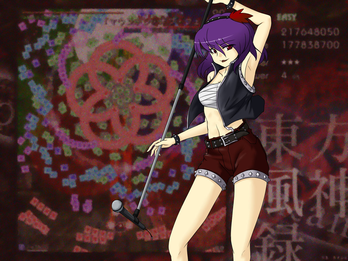 akudato, yasaka kanako, touhou, bad id, bad pixiv id, 1girl, armpits, belt, female focus, hair ornament, leaf hair ornament, microphone, microphone stand, solo