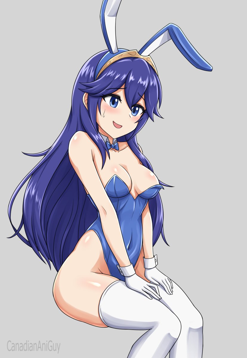 lucina (fire emblem), fire emblem, fire emblem awakening, 1girl, alternate costume, breasts, canadian flag, canadian flag print, flag print, leotard, playboy bunny, small breasts, solo