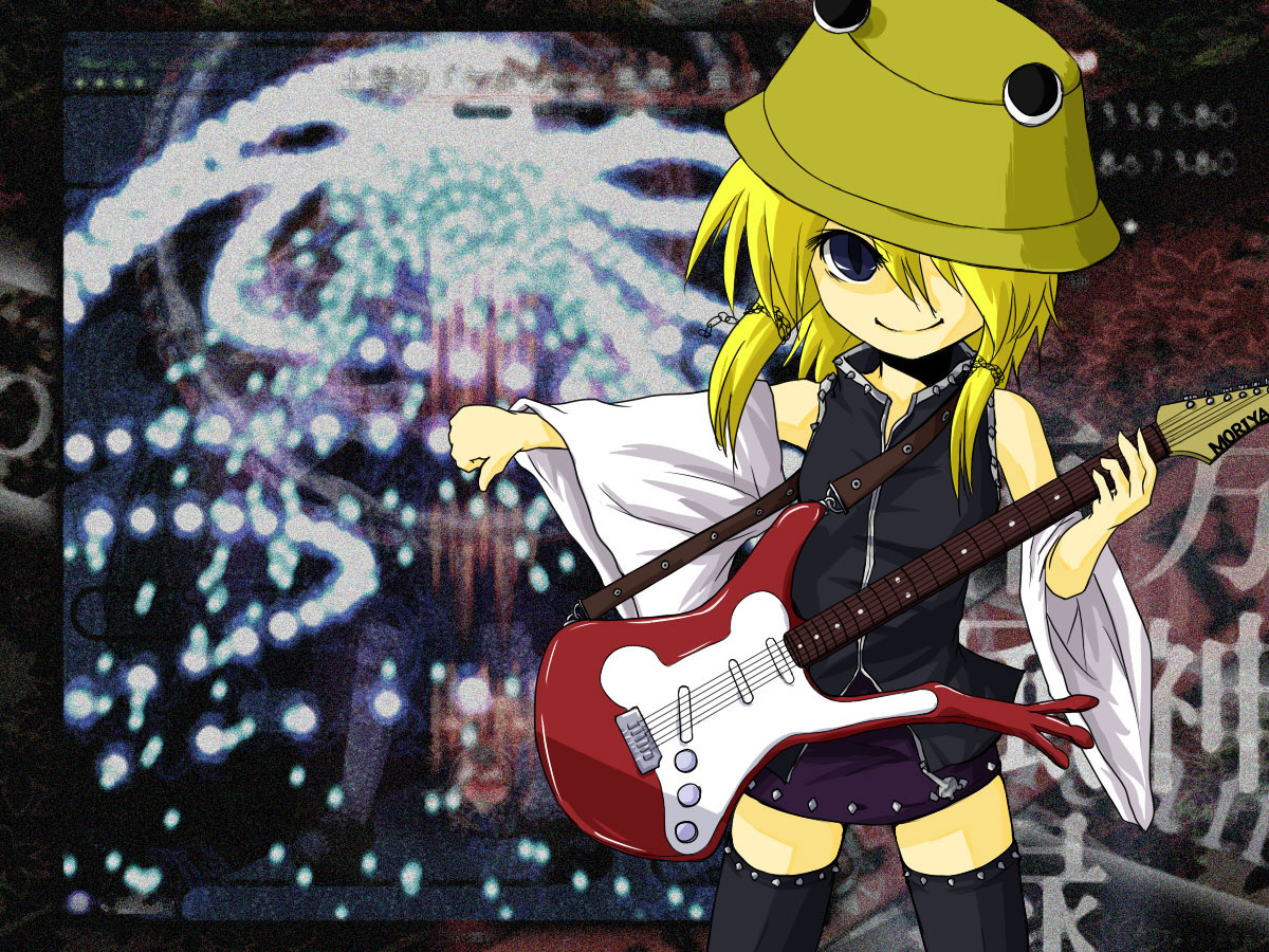 akudato, moriya suwako, touhou, bad id, bad pixiv id, 1girl, blonde hair, danmaku, female focus, game screenshot, guitar, hat, instrument, skirt, solo, thighhighs