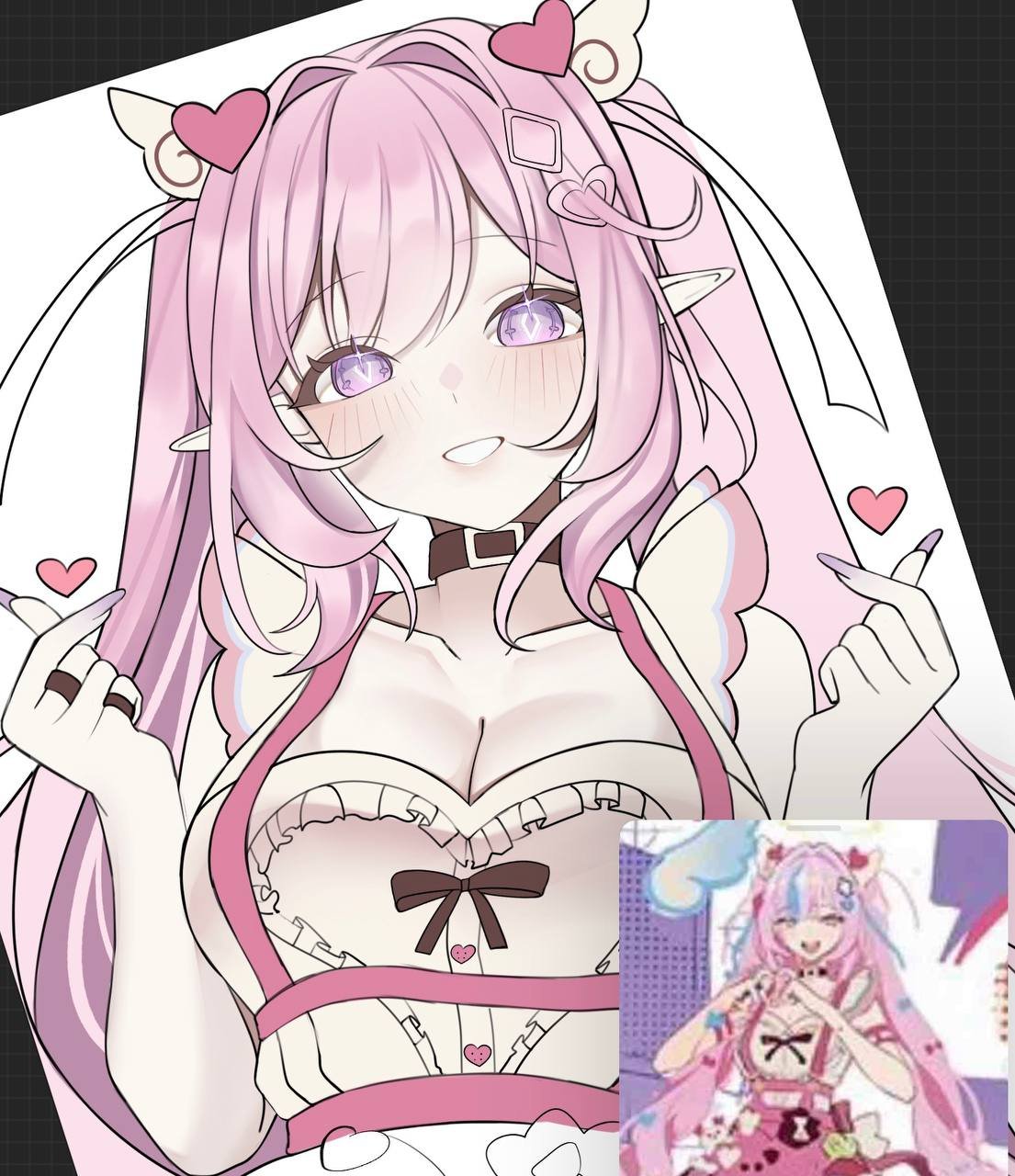 rosheil, elysia (hi love elf) (honkai impact), elysia (honkai impact), honkai (series), honkai impact 3rd, commentary, english commentary, highres, unfinished, 1girl, breasts, cleavage, diamond-shaped pupils, diamond (shape), dress, elf, jewelry, large breasts, long hair, pink hair, pointy ears, prototype design, purple eyes, reference inset, ring, smile, solo, symbol-shaped pupils, twintails, very long hair, white dress