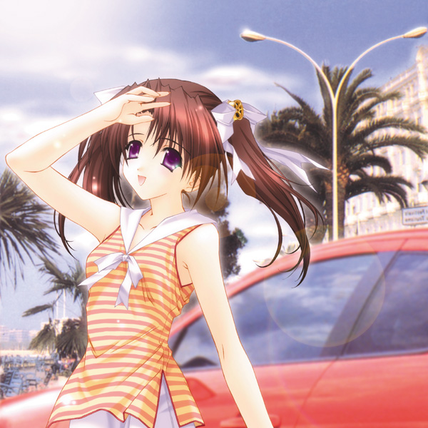 kimizuka aoi, 1girl, car, cloud, day, female focus, hair ornament, lamppost, lens flare, motor vehicle, palm tree, photo background, sky, solo, sunlight, tree, twintails
