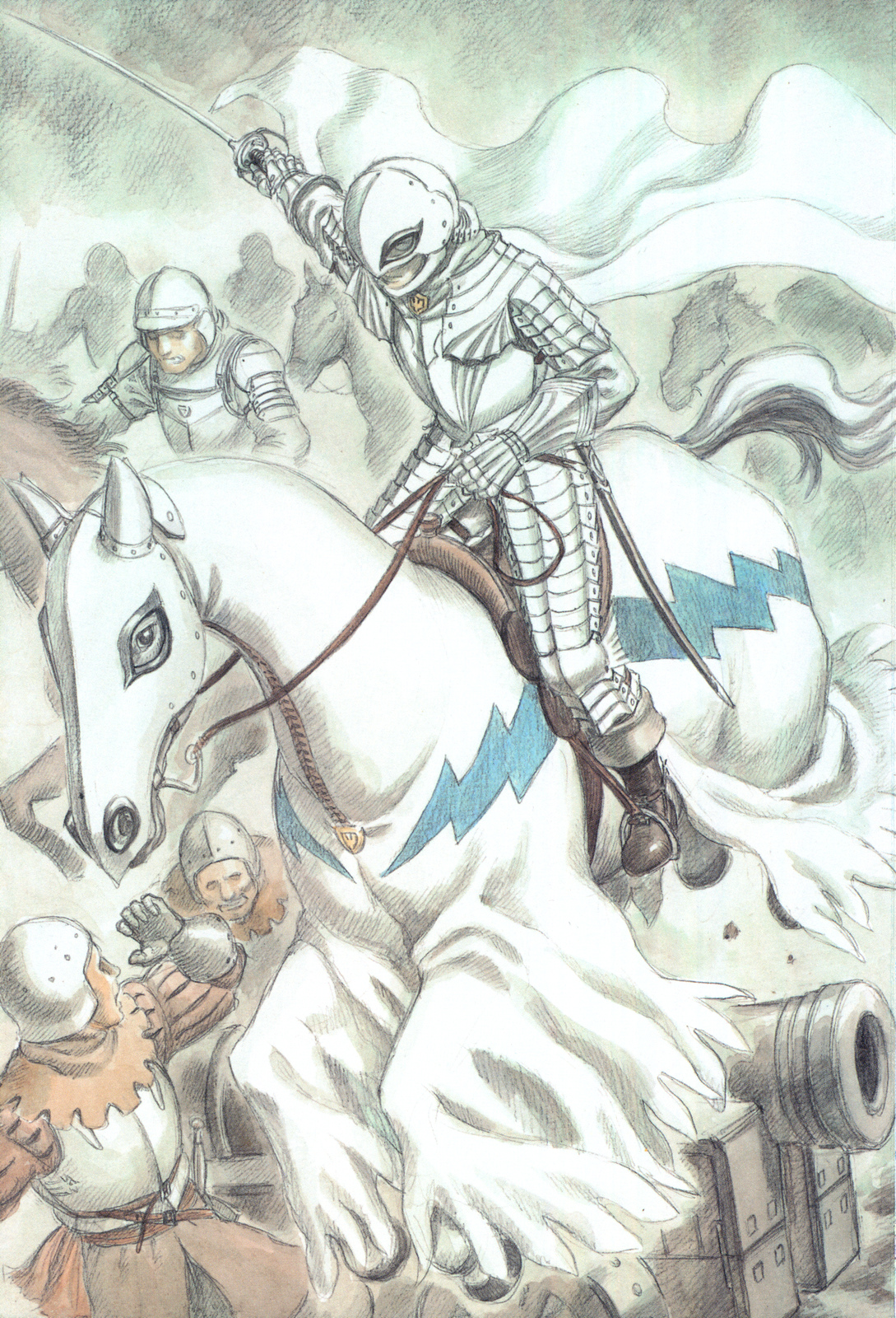 miura kentarou, griffith (berserk), berserk, highres, 1990s (style), 4boys, armor, army, battle, cannon, cape, horse, male focus, multiple boys, outdoors, retro artstyle, soldier, sword, weapon