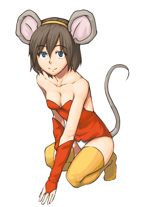 sajipen, 1girl, animal ears, arm support, arm warmers, bare shoulders, blue eyes, breasts, bridal gauntlets, brown hair, cleavage, female focus, gloves, mouse ears, mouse tail, panties, pantyshot, short hair, smile, solo, squatting, tail, thighhighs, underwear, yellow thighhighs