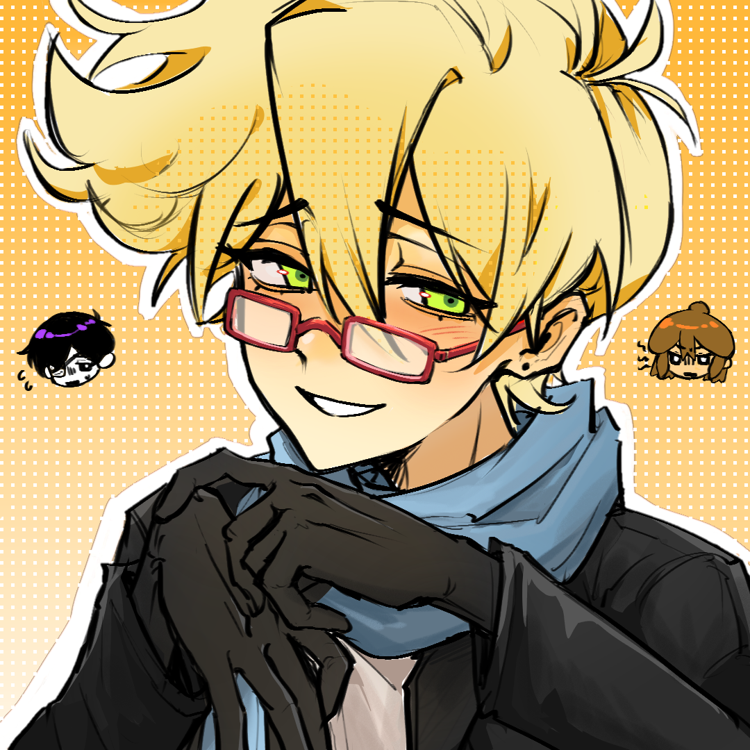 hero (faraway) (omori), hero (omori), kel (faraway) (omori), kel (omori), sunny (omori), omori, chinese commentary, commentary request, 3boys, :d, aegyo sal, alternate costume, alternate eye color, alternate hair color, alternate universe, antenna hair, bespectacled, black eyes, black gloves, black hair, black jacket, blonde hair, blue scarf, blush, bright pupils, brothers, brown hair, chazijiang29321, chibi, chibi inset, double-parted bangs, earrings, eyepatch, flying sweatdrops, glasses, gloves, green eyes, grin, hair between eyes, halftone, hands up, jacket, jewelry, male focus, medical eyepatch, multiple boys, nose blush, one eye covered, open clothes, open jacket, open mouth, orange background, outline, own hands together, polka dot, polka dot background, portrait, raised inner eyebrows, rectangular eyewear, red-framed eyewear, scarf, shirt, short hair, siblings, simple background, smile, solo focus, stud earrings, sweatdrop, very short hair, white outline, white pupils, white shirt