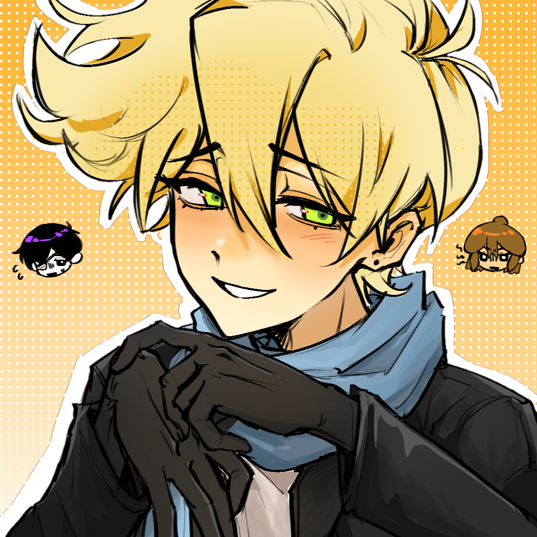hero (faraway) (omori), hero (omori), kel (faraway) (omori), kel (omori), sunny (omori), omori, chinese commentary, commentary request, 3boys, :d, aegyo sal, alternate costume, alternate eye color, alternate hair color, alternate universe, antenna hair, black eyes, black gloves, black hair, black jacket, blonde hair, blue scarf, blush, bright pupils, brothers, brown hair, chazijiang29321, chibi, chibi inset, double-parted bangs, earrings, eyepatch, flying sweatdrops, gloves, green eyes, grin, hair between eyes, halftone, hands up, jacket, jewelry, male focus, medical eyepatch, multiple boys, nose blush, one eye covered, open clothes, open jacket, open mouth, orange background, outline, own hands together, polka dot, polka dot background, portrait, raised inner eyebrows, scarf, shirt, short hair, siblings, simple background, smile, solo focus, stud earrings, sweatdrop, very short hair, white outline, white pupils, white shirt
