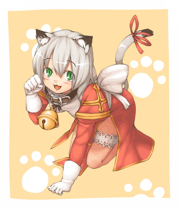 sajipen, high priest (ragnarok online), ragnarok online, silver hair, :3, all fours, animal ears, bell, collar, gloves, green eyes, neck bell, paw pose, ribbon, short hair, tail, tail ornament, tail ribbon