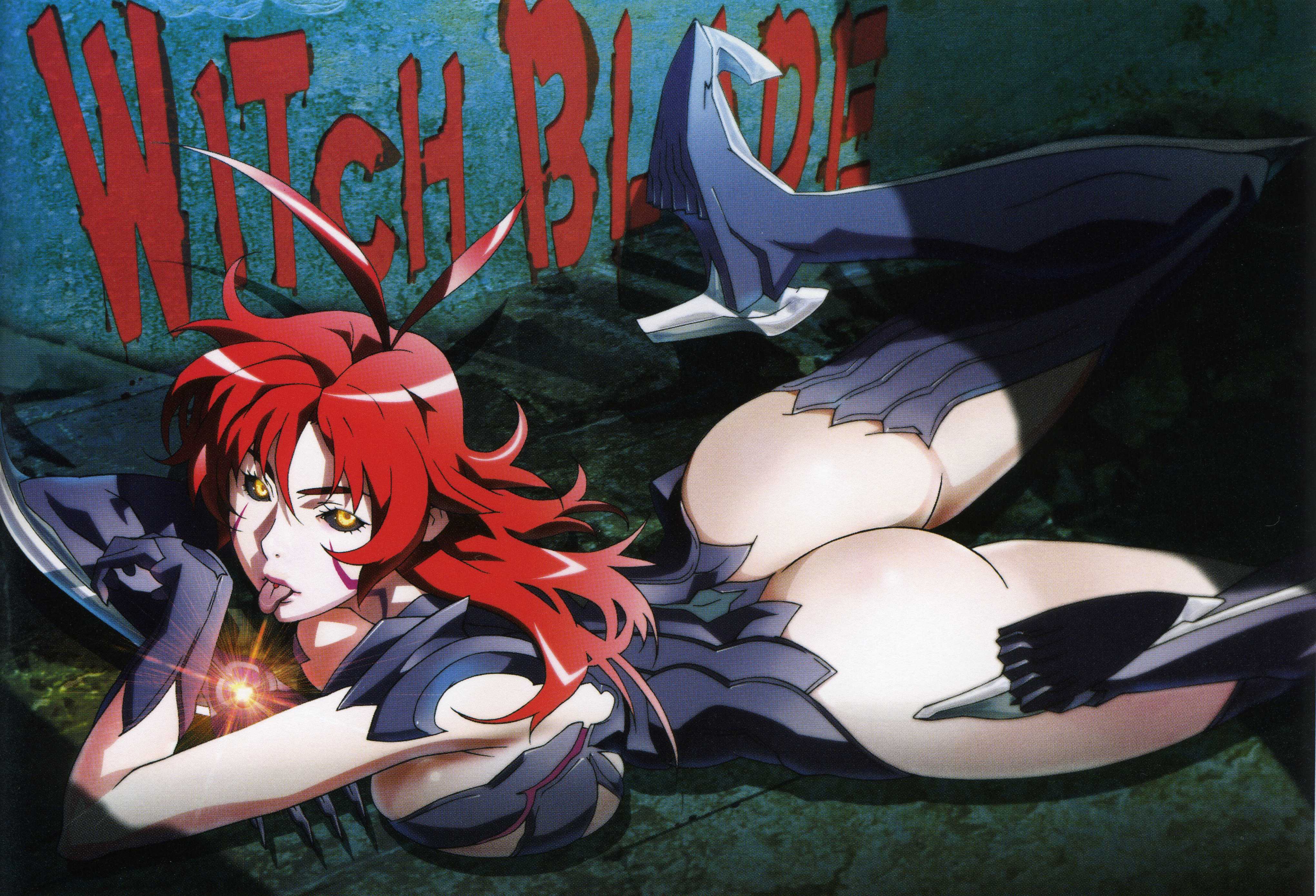 suzuki shingo, amaha masane, witchblade, absurdres, highres, official art, scan, 00s, 1girl, armor, ass, bikini armor, black sclera, bottomless, breast press, breasts, claws, colored sclera, female focus, huge breasts, legs, piercing, red hair, solo, thighhighs, thighs, tongue, tongue piercing, yellow eyes