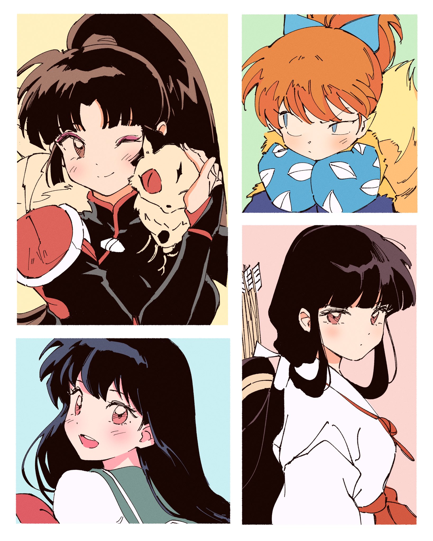 polo tokki, higurashi kagome, kikyou (inuyasha), kirara (inuyasha), sango (inuyasha), shippou (inuyasha), inuyasha, highres, 1boy, 3girls, animal, animal on shoulder, armor, arrow (projectile), black bodysuit, black hair, blue background, blue bow, blue eyes, blue pants, blue shirt, blunt bangs, blush, bodysuit, border, bow, breasts, brown eyes, brown hair, cat, cat on shoulder, closed mouth, crossed arms, demon boy, eyeshadow, facial mark, forehead mark, fox tail, furrowed brow, green background, green sailor collar, hair bow, hair tie, japanese clothes, long hair, low ponytail, makeup, medium breasts, miko, multiple girls, neckerchief, one eye closed, open mouth, orange hair, pants, parted bangs, pink background, pointy ears, ponytail, purple eyeshadow, quiver, red eyes, red neckerchief, red skirt, sailor collar, school uniform, shirt, shoulder armor, sidelocks, skirt, slit pupils, smile, tail, upper body, white border, white shirt, yellow background