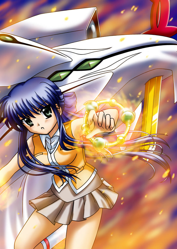 nisemon, kagutsuchi, kawasumi mai, tokiha mai, kanon, my-hime, 1girl, armpits, blue hair, blush, bow, chakram, collared shirt, cosplay, embers, female focus, fighting stance, fire, floating hair, gem, hair bow, jewelry, kneehighs, leaning forward, leg up, long hair, looking at viewer, low ponytail, mecha, miniskirt, name connection, orange shirt, parody, parted lips, pleated skirt, ponytail, ring, robot, school uniform, serafuku, serious, shirt, sidelocks, skirt, sleeveless, socks, solo, sword, tokiha mai (cosplay), very long hair, vest, weapon, white socks