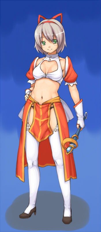 sajipen, high priest (ragnarok online), ragnarok online, silver hair, garter belt, gloves, green eyes, midriff, short hair, smile, solo, thighhighs, wand