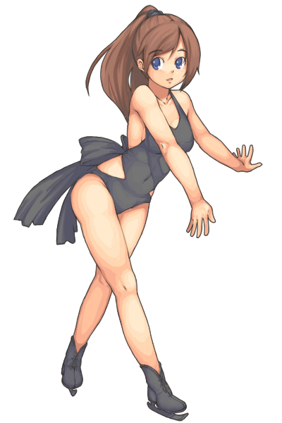 sajipen, blue eyes, brown hair, ice skating, long hair, ponytail, skating, solo