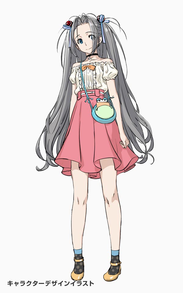 fukuda tomonori, yukifune airi, robotics;notes, robotics;notes dash, science adventure, game cg, official art, 1girl, animal bag, blouse, bow, breasts, chest bow, choker, ears visible through hair, fingernails, frilled shirt, frills, full body, grey hair, head tilt, high-waist skirt, high heels, long hair, mary janes, official alternate costume, orange bow, pink skirt, polka dot, polka dot socks, shirt, shoes, skirt, small breasts, smile, snowflake pendant, socks, solo, tareme, very long hair, yellow shoes