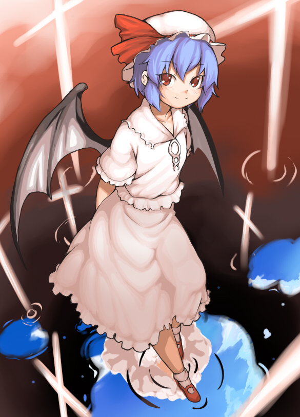 sajipen, remilia scarlet, touhou, 1girl, blue hair, female focus, full body, gradient background, hat, outdoors, red eyes, short hair, skirt, sky, smile, solo, wings