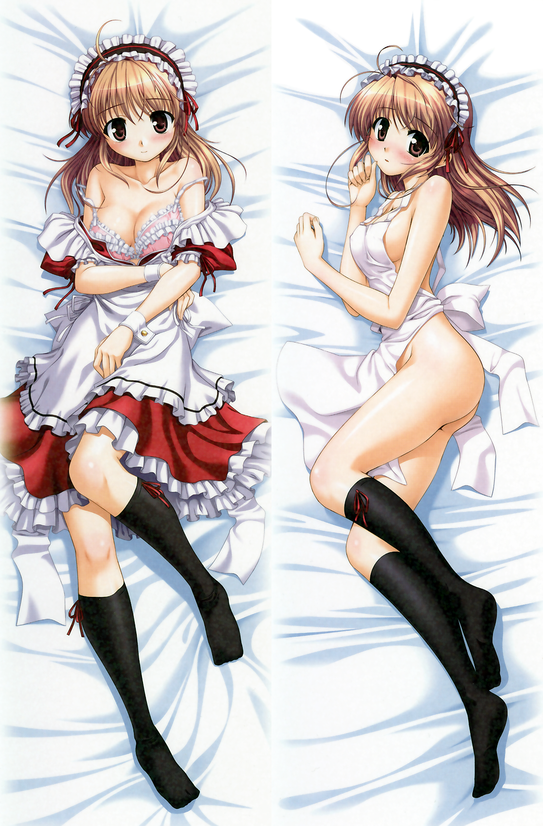 bekkankou, yuuki haruna, fortune arterial, highres, 1girl, apron, ass, bed, blush, bottomless, bra, breasts, brown eyes, brown hair, cleavage, dakimakura (medium), dress, kneehighs, lingerie, maid, maid apron, multiple views, naked apron, no panties, sideboob, socks, strap slip, thighhighs, underwear, wrist cuffs